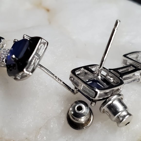 Solid 925 Sterling Silver Raw Sapphire Earrings - Picture 6 of 8